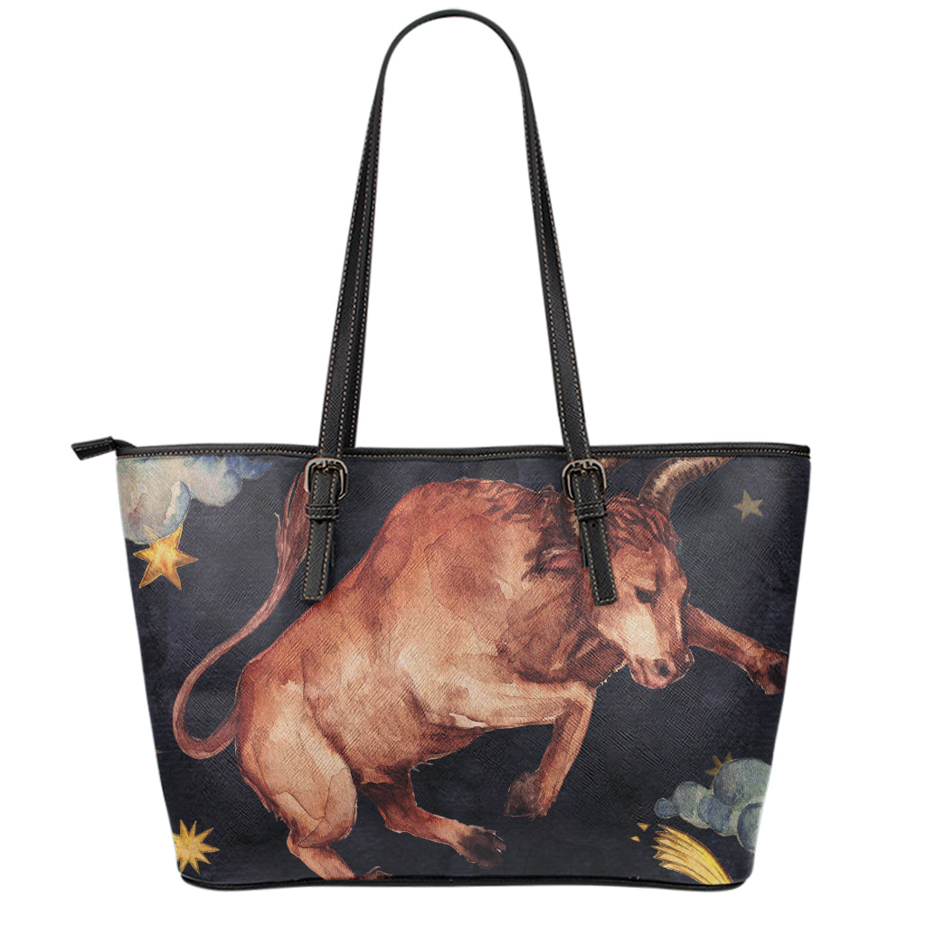Watercolor Taurus Zodiac Sign Print Leather Tote Bag