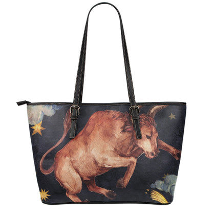Watercolor Taurus Zodiac Sign Print Leather Tote Bag