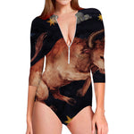 Watercolor Taurus Zodiac Sign Print Long Sleeve Swimsuit
