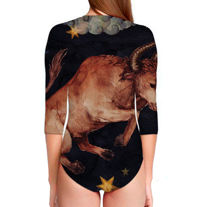 Watercolor Taurus Zodiac Sign Print Long Sleeve Swimsuit
