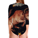 Watercolor Taurus Zodiac Sign Print Long Sleeve Swimsuit