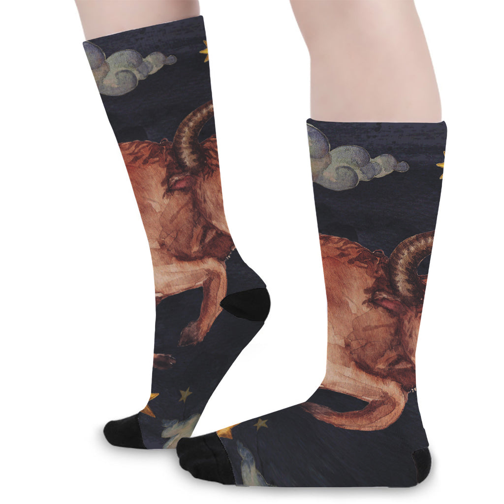 Watercolor Taurus Zodiac Sign Print Long Socks