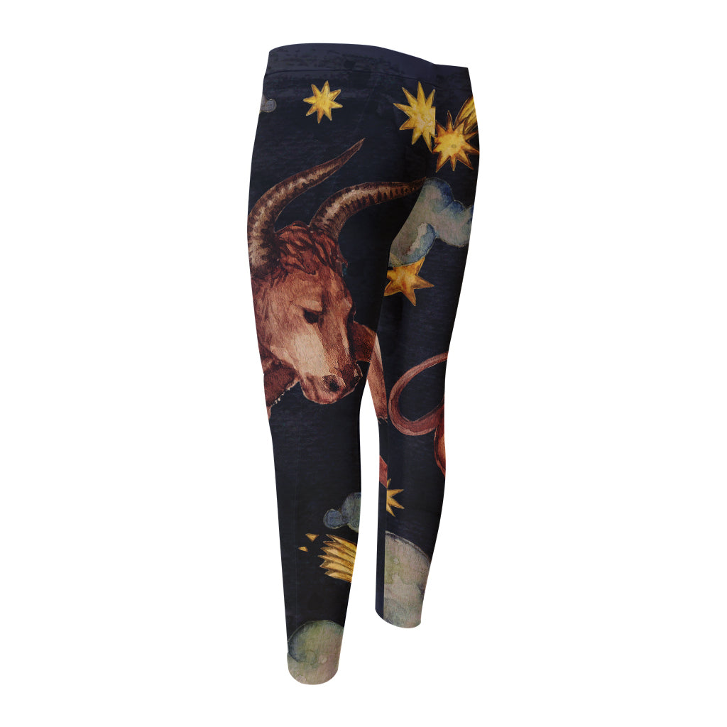 Watercolor Taurus Zodiac Sign Print Men's Compression Pants