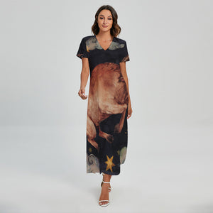 Watercolor Taurus Zodiac Sign Print Short Sleeve Maxi Dress