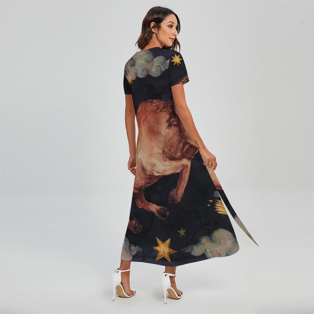 Watercolor Taurus Zodiac Sign Print Short Sleeve Maxi Dress