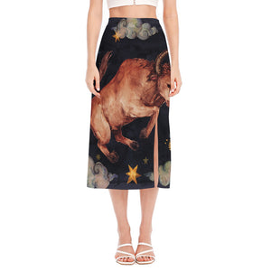 Watercolor Taurus Zodiac Sign Print Side Slit Midi Skirt