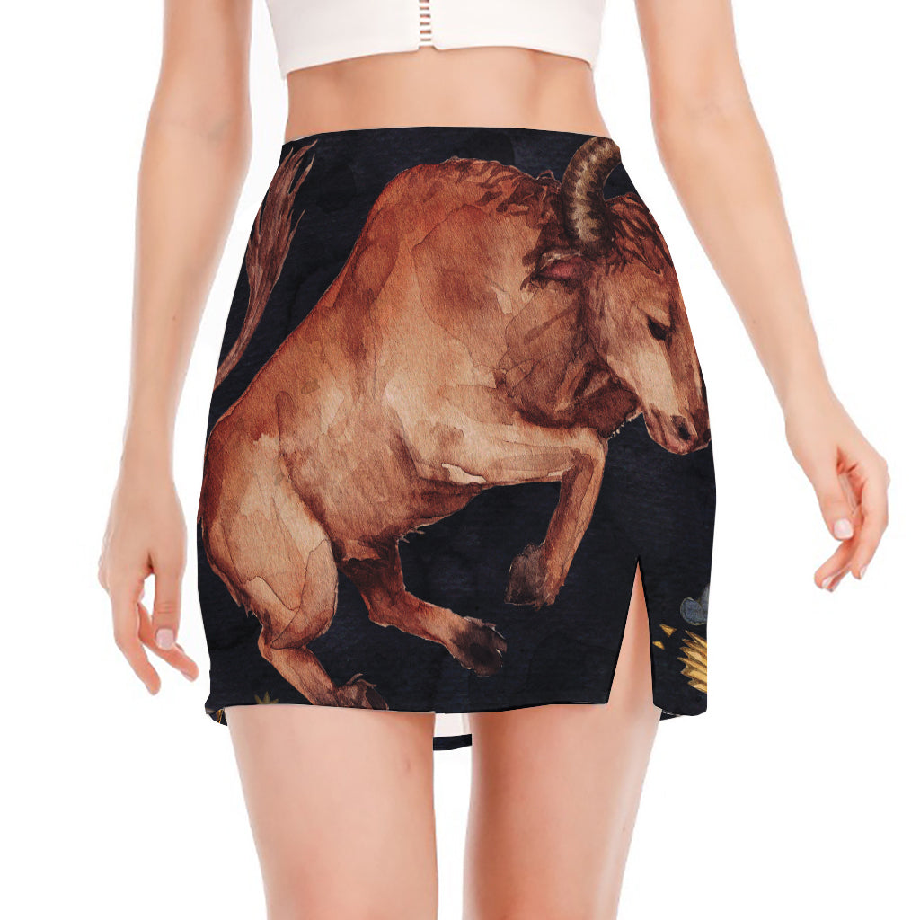 Watercolor Taurus Zodiac Sign Print Side Slit Mini Skirt