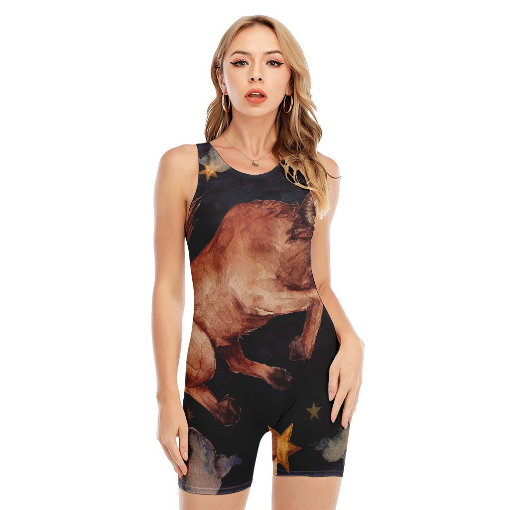 Watercolor Taurus Zodiac Sign Print Sleeveless One Piece Swimsuit