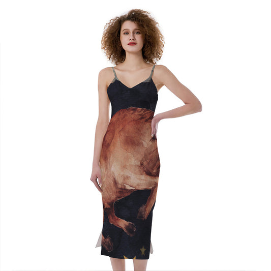 Watercolor Taurus Zodiac Sign Print Slim Fit Midi Cami Dress