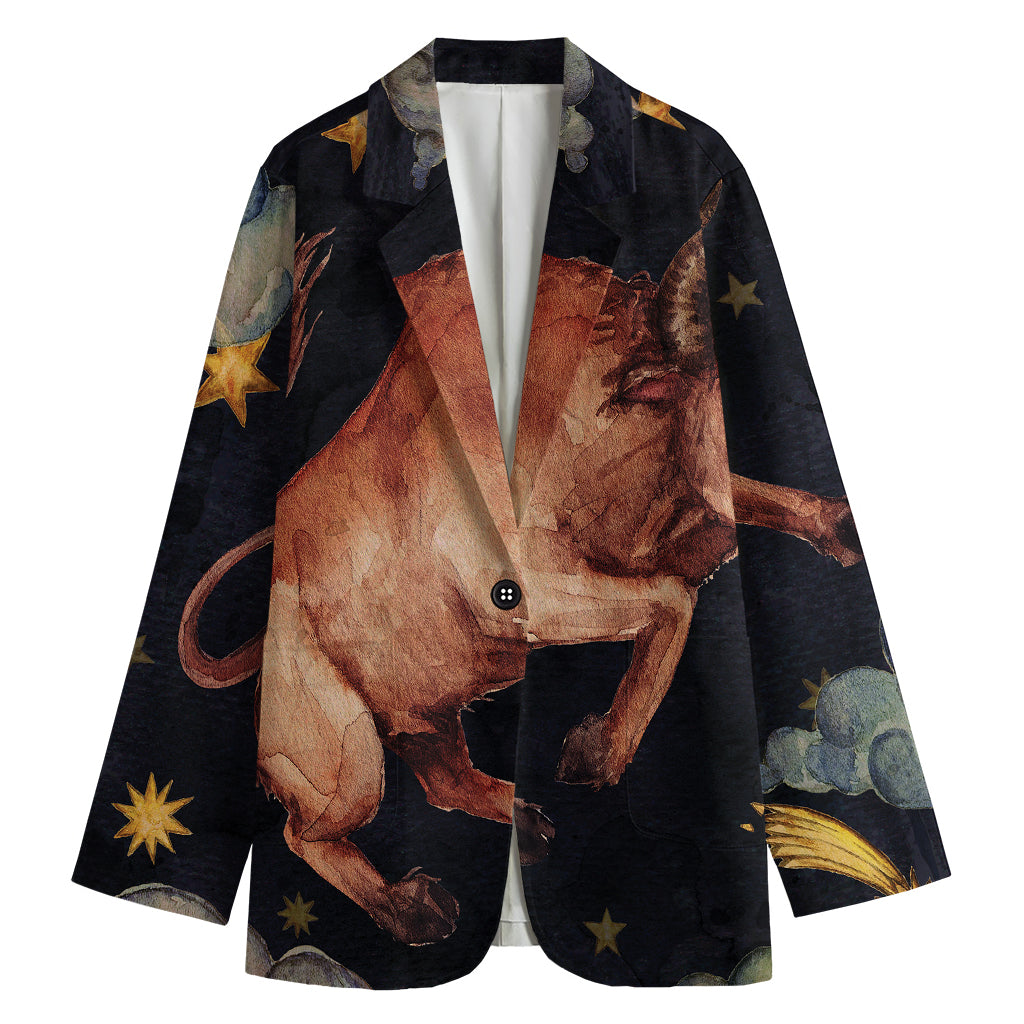 Watercolor Taurus Zodiac Sign Print Women's Cotton Blazer