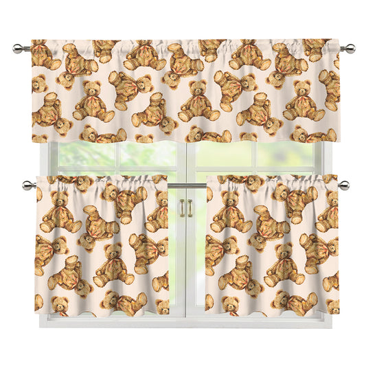 Watercolor Teddy Bear Pattern Print 3 Piece Kitchen Curtains