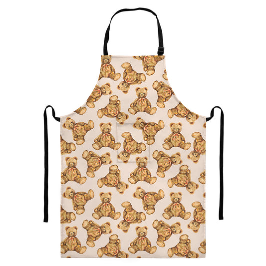 Watercolor Teddy Bear Pattern Print Bib Apron With Pocket