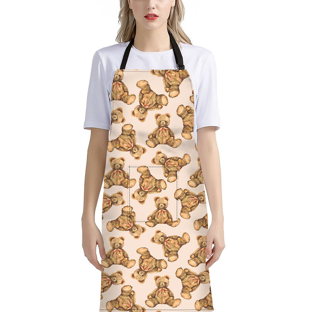 Watercolor Teddy Bear Pattern Print Bib Apron With Pocket