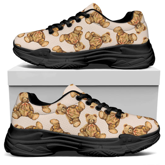Watercolor Teddy Bear Pattern Print Black Chunky Shoes