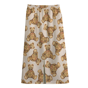 Watercolor Teddy Bear Pattern Print Cotton Front Slit Maxi Skirt