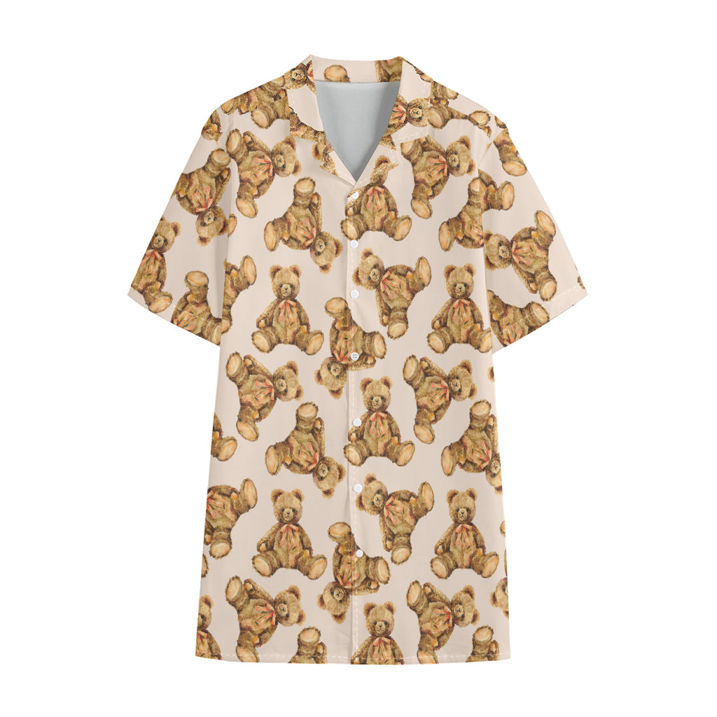 Watercolor Teddy Bear Pattern Print Cotton Hawaiian Shirt
