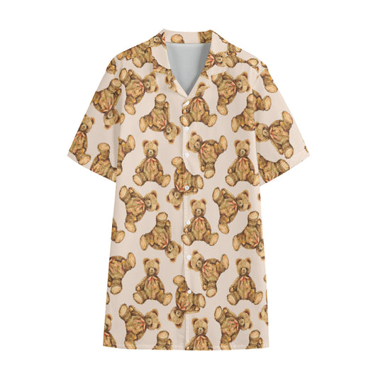 Watercolor Teddy Bear Pattern Print Cotton Hawaiian Shirt