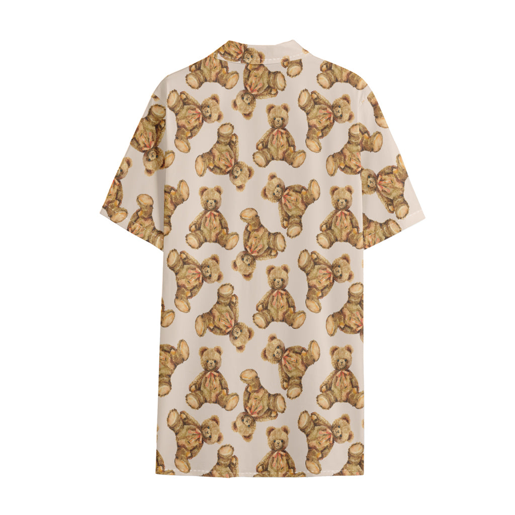Watercolor Teddy Bear Pattern Print Cotton Hawaiian Shirt