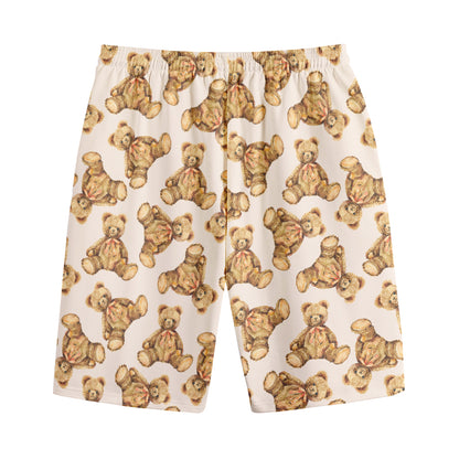 Watercolor Teddy Bear Pattern Print Cotton Shorts