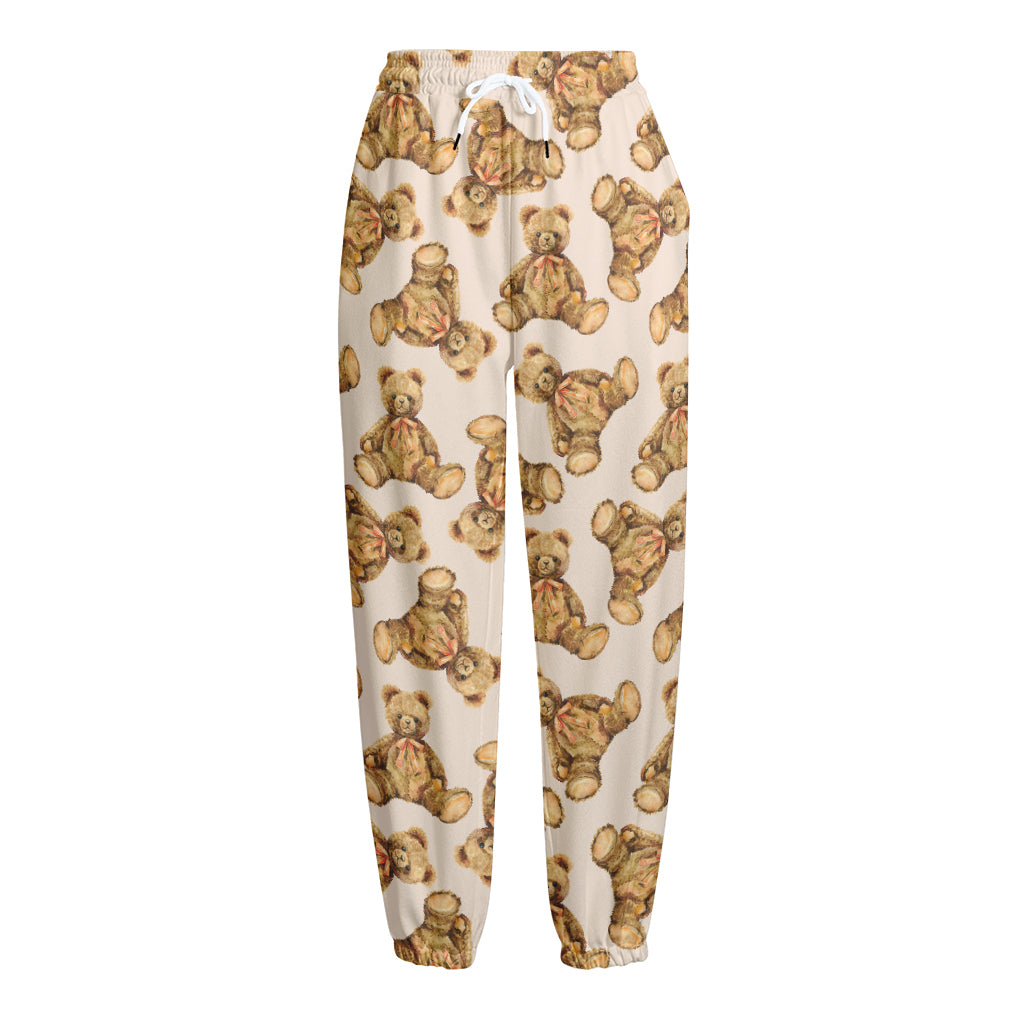 Watercolor Teddy Bear Pattern Print Fleece Lined Knit Pants