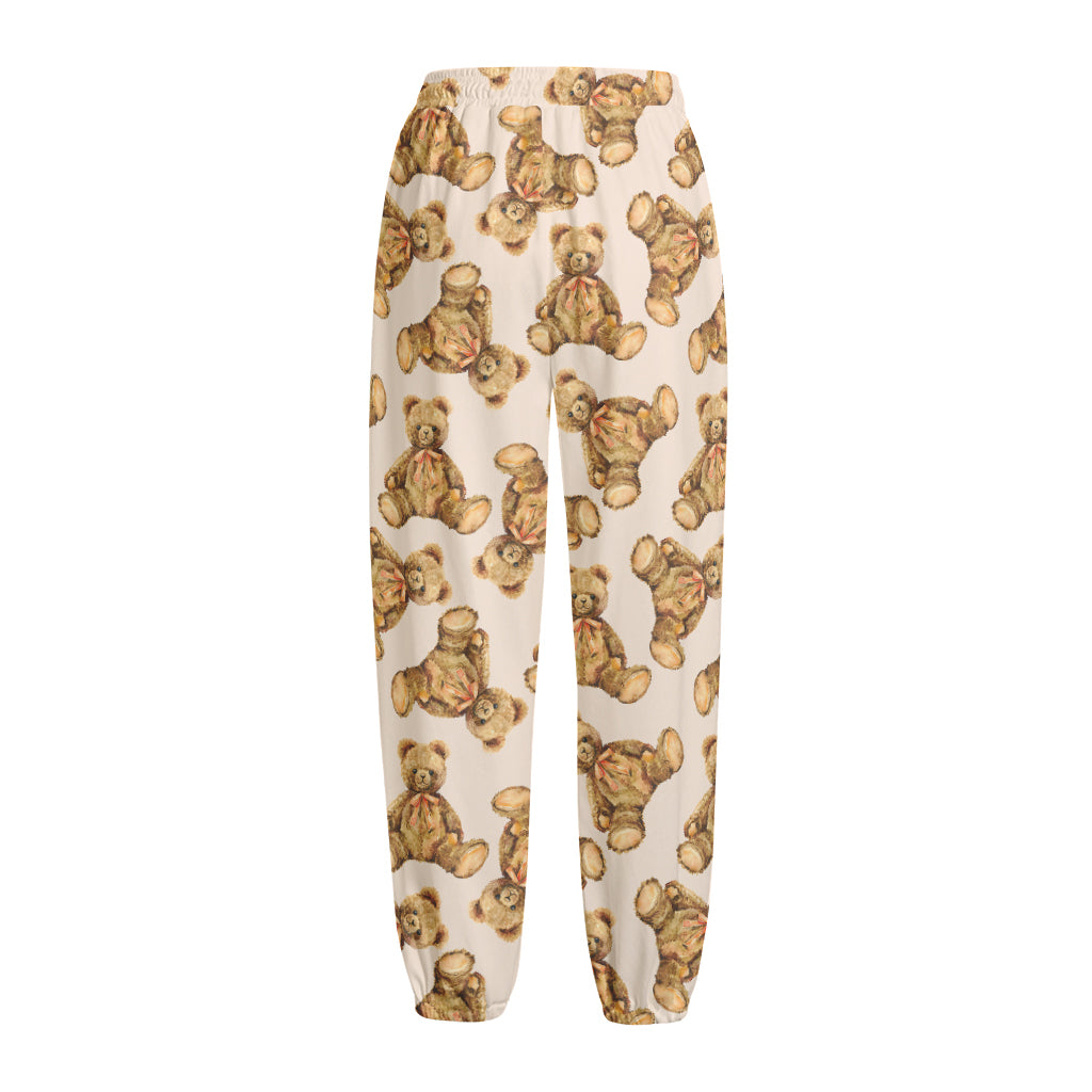 Watercolor Teddy Bear Pattern Print Fleece Lined Knit Pants