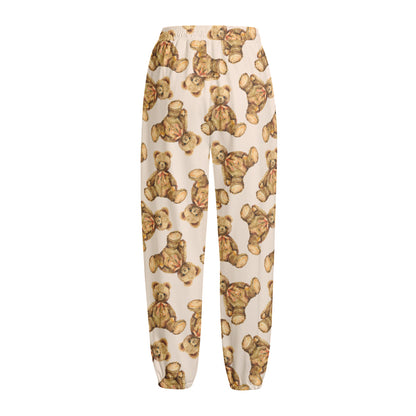 Watercolor Teddy Bear Pattern Print Fleece Lined Knit Pants