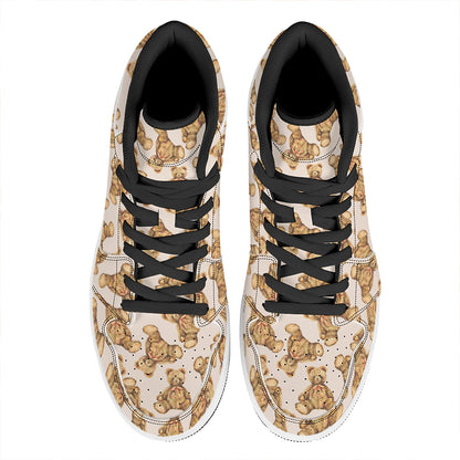 Watercolor Teddy Bear Pattern Print High Top Leather Sneakers