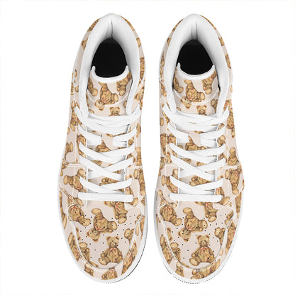 Watercolor Teddy Bear Pattern Print High Top Leather Sneakers