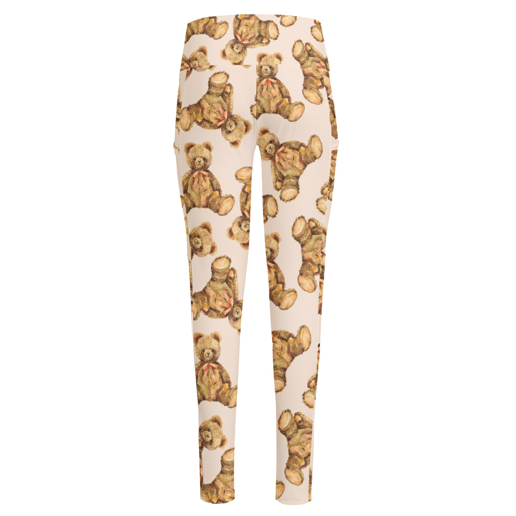 Watercolor Teddy Bear Pattern Print High-Waisted Pocket Leggings