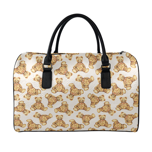 Watercolor Teddy Bear Pattern Print Leather Duffle Bag