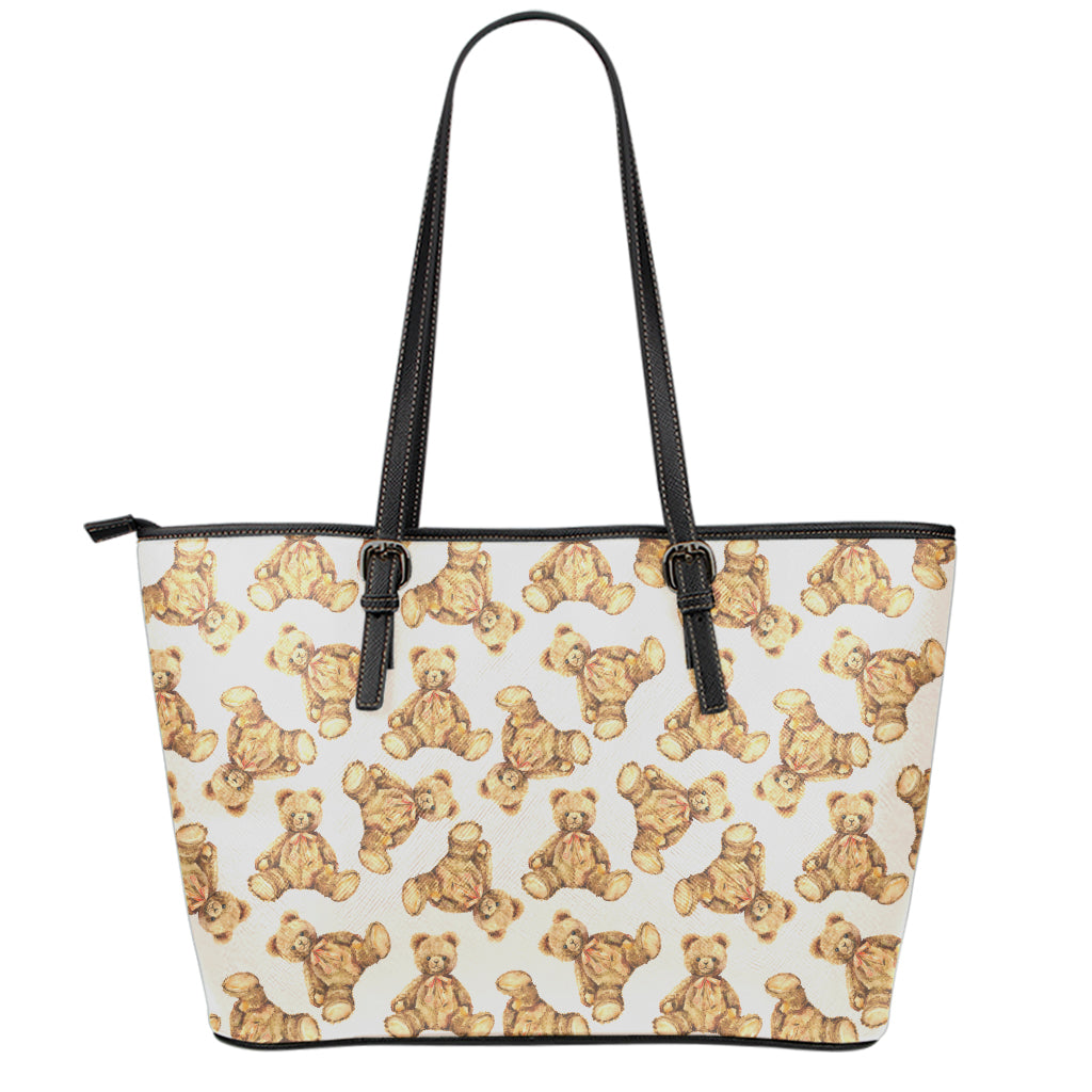 Watercolor Teddy Bear Pattern Print Leather Tote Bag