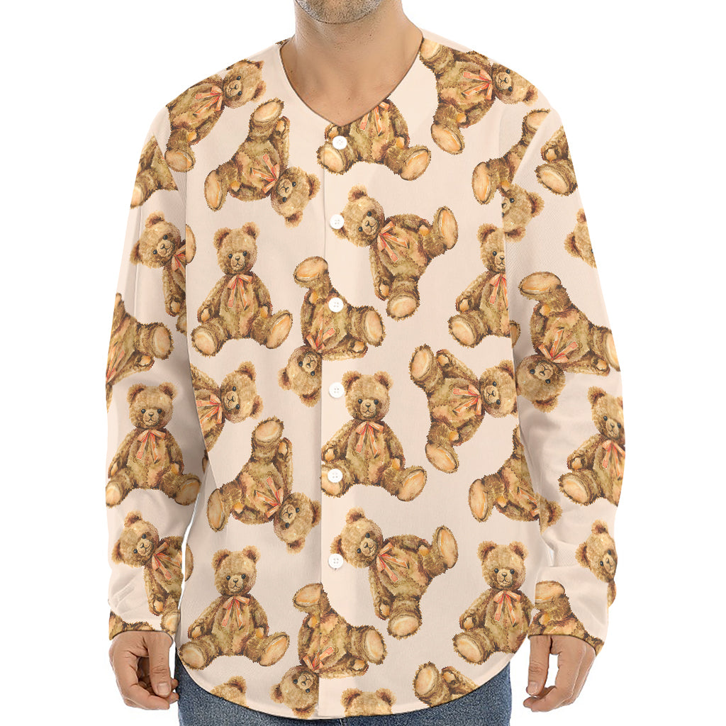 Watercolor Teddy Bear Pattern Print Long Sleeve Baseball Jersey