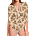 Watercolor Teddy Bear Pattern Print Long Sleeve Swimsuit