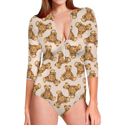 Watercolor Teddy Bear Pattern Print Long Sleeve Swimsuit