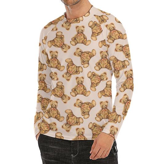 Watercolor Teddy Bear Pattern Print Men's Long Sleeve Rash Guard