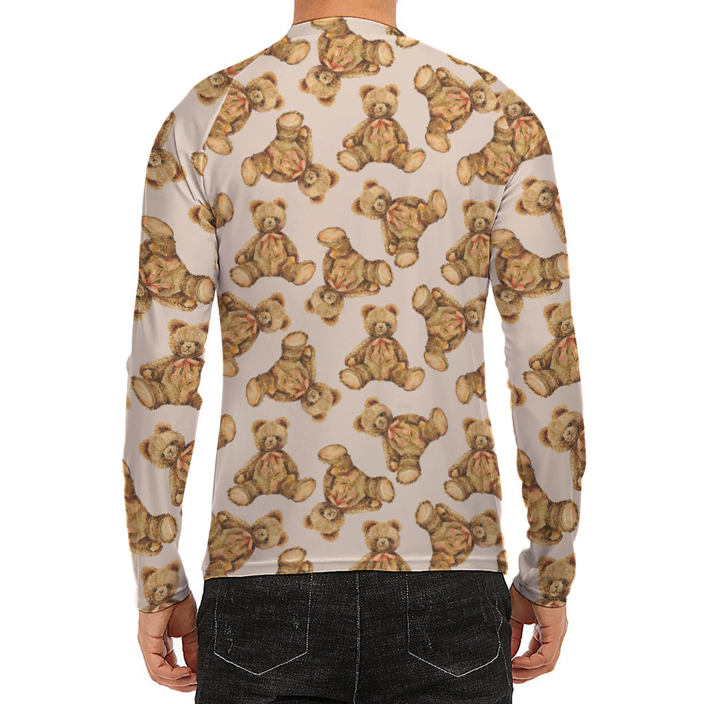 Watercolor Teddy Bear Pattern Print Men's Long Sleeve Rash Guard