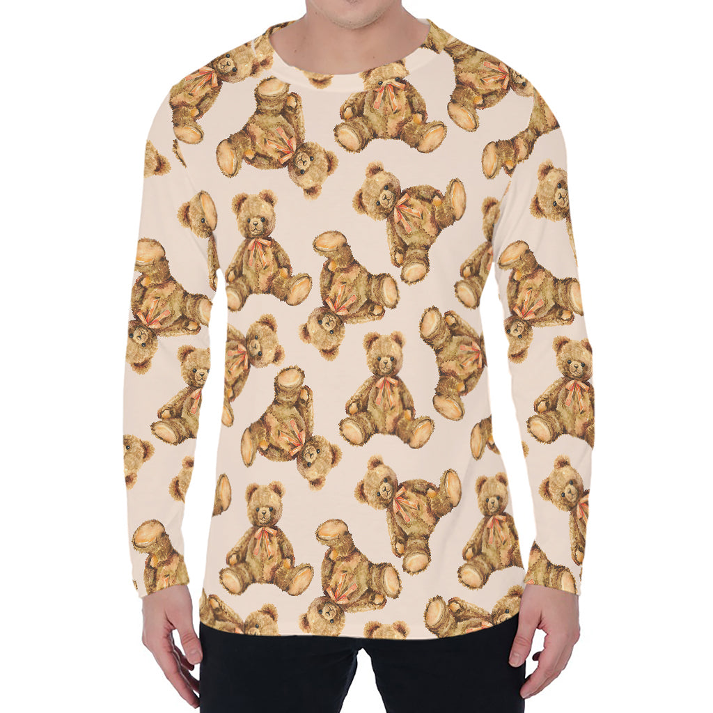 Watercolor Teddy Bear Pattern Print Men's Long Sleeve T-Shirt