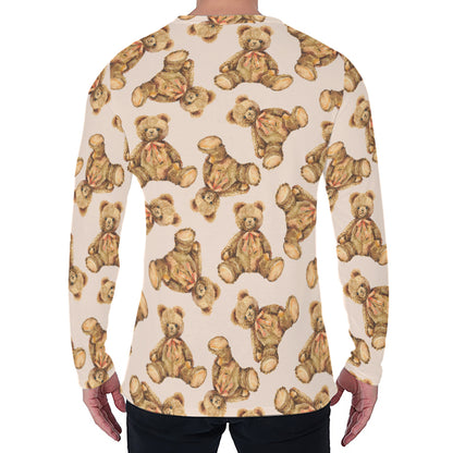 Watercolor Teddy Bear Pattern Print Men's Long Sleeve T-Shirt