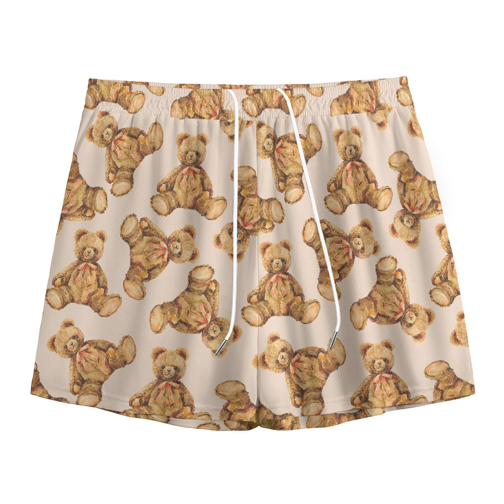 Watercolor Teddy Bear Pattern Print Mesh Shorts