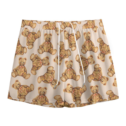 Watercolor Teddy Bear Pattern Print Mesh Shorts