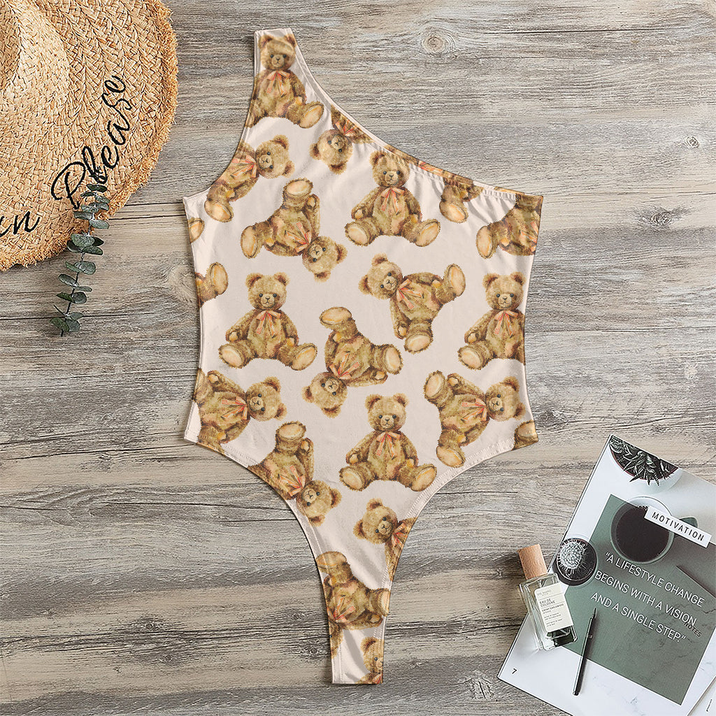 Watercolor Teddy Bear Pattern Print One Shoulder Bodysuit