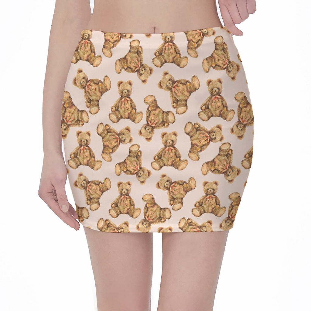 Watercolor Teddy Bear Pattern Print Pencil Mini Skirt
