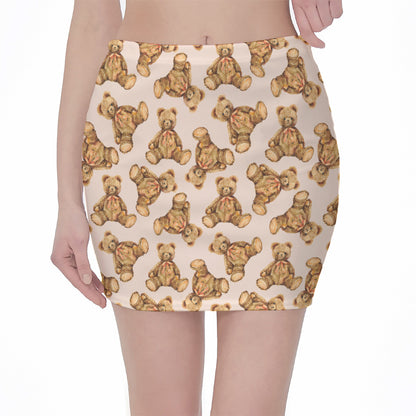 Watercolor Teddy Bear Pattern Print Pencil Mini Skirt