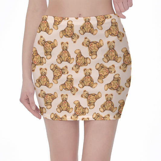 Watercolor Teddy Bear Pattern Print Pencil Mini Skirt
