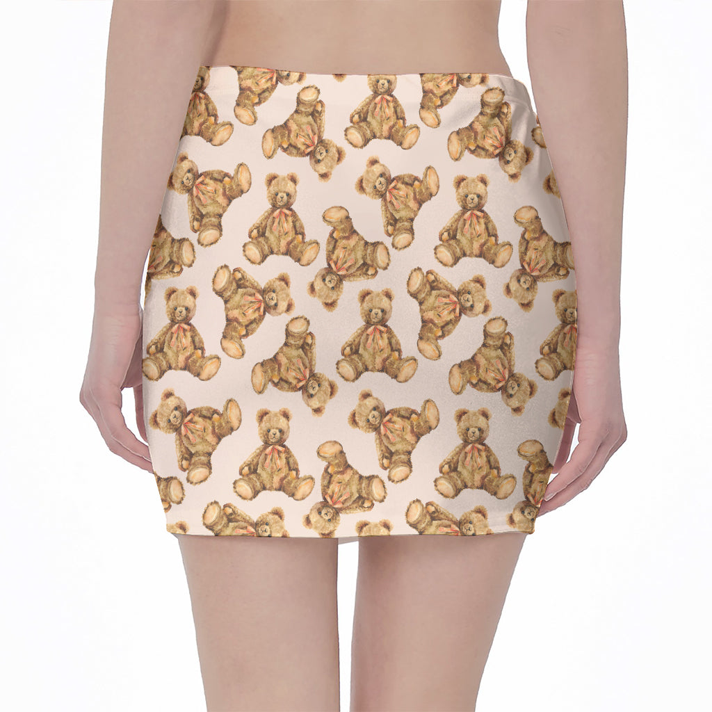 Watercolor Teddy Bear Pattern Print Pencil Mini Skirt