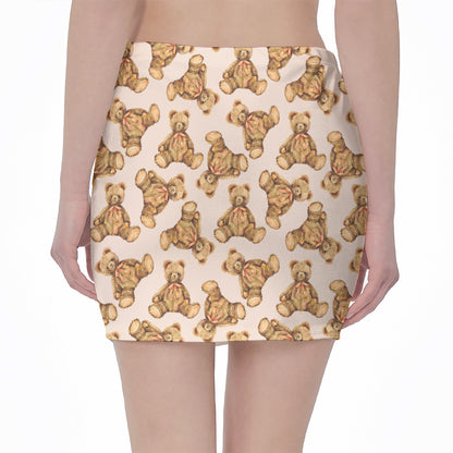 Watercolor Teddy Bear Pattern Print Pencil Mini Skirt