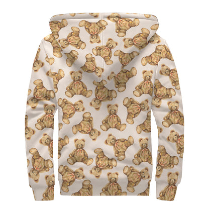 Watercolor Teddy Bear Pattern Print Sherpa Lined Zip Up Hoodie