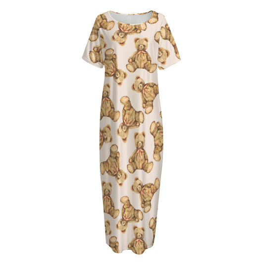 Watercolor Teddy Bear Pattern Print Short Sleeve Long Nightdress