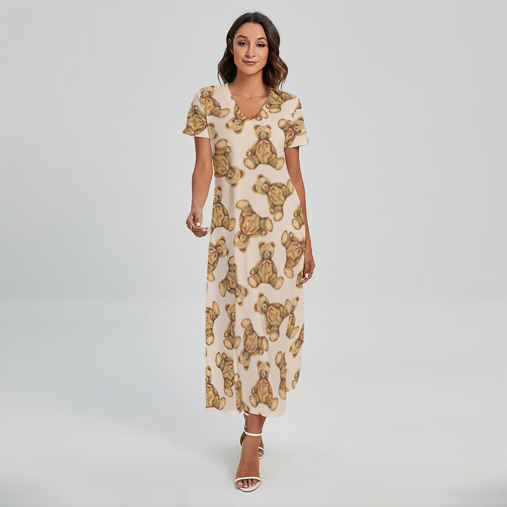 Watercolor Teddy Bear Pattern Print Short Sleeve Maxi Dress