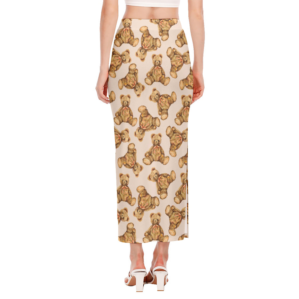 Watercolor Teddy Bear Pattern Print Side Slit Maxi Skirt